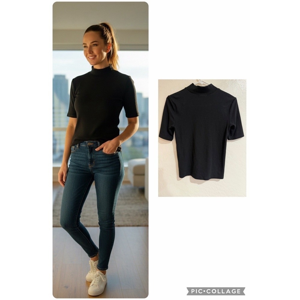 Marine Layer Black Lexi Rib Mock Neck Short Sleeve Tee Top size L